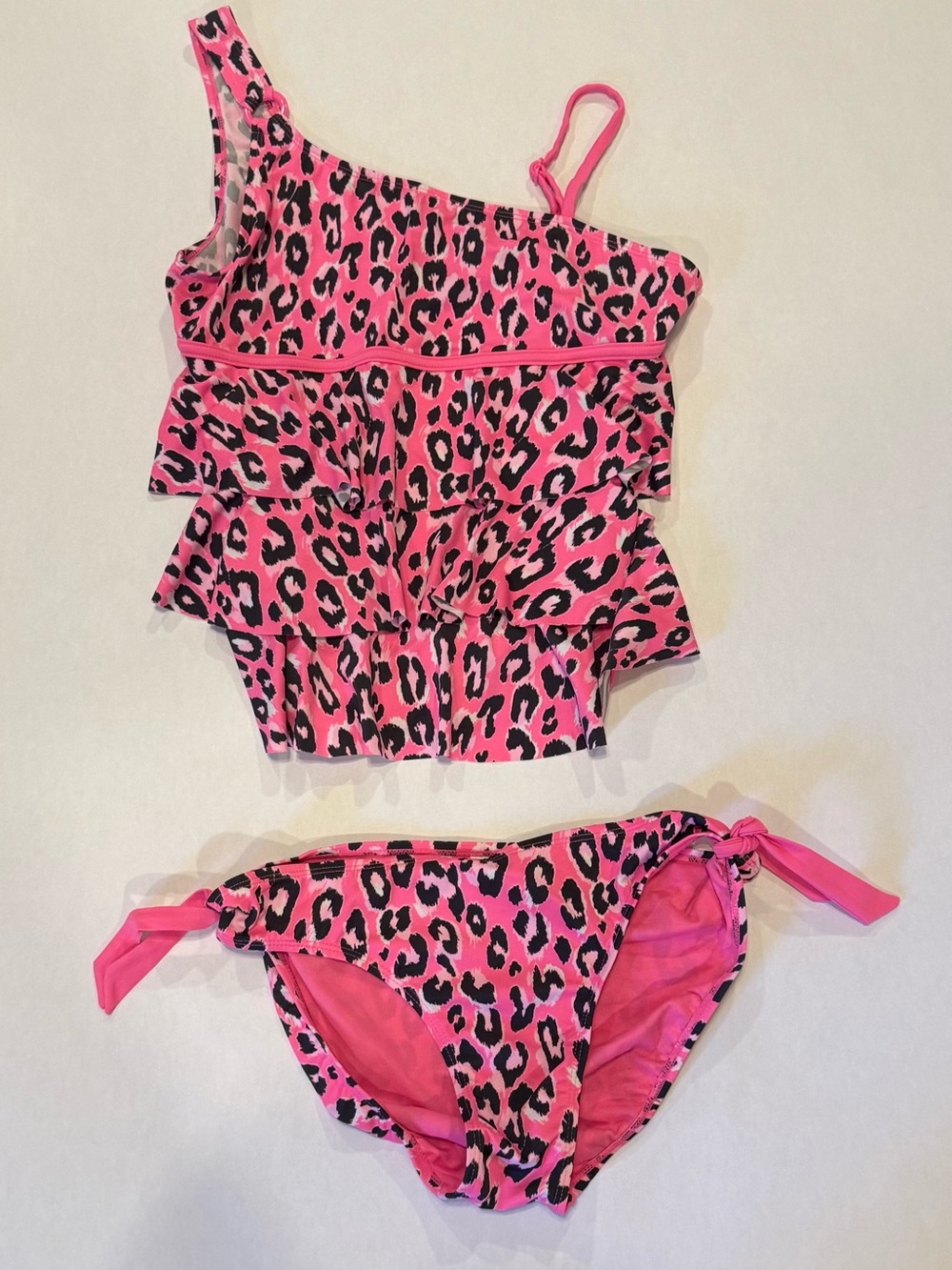 Justice Girls Pink Leopard Print Ruffle Bikini Set